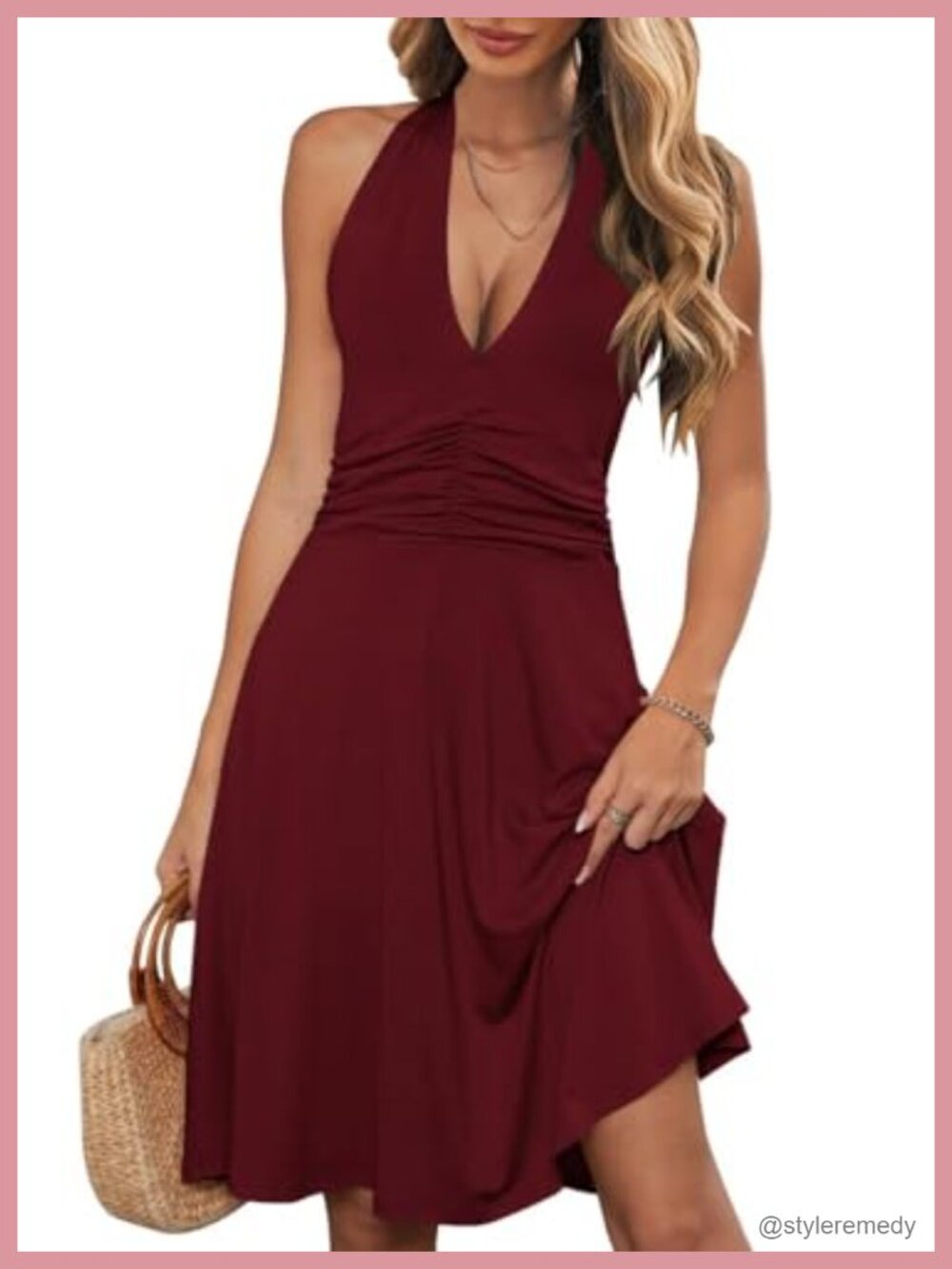 Womens Halter Neck Sundress with Pocket Mini Flowy Boho Backless Dress